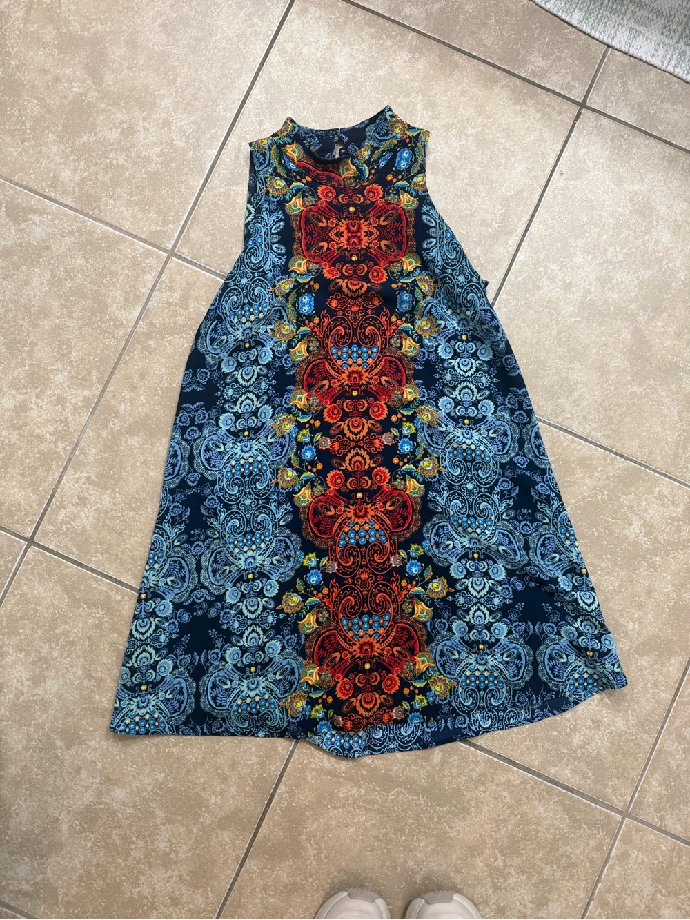 Abbeline Navy Paisley Sleeveless Dress with Red Center Panel